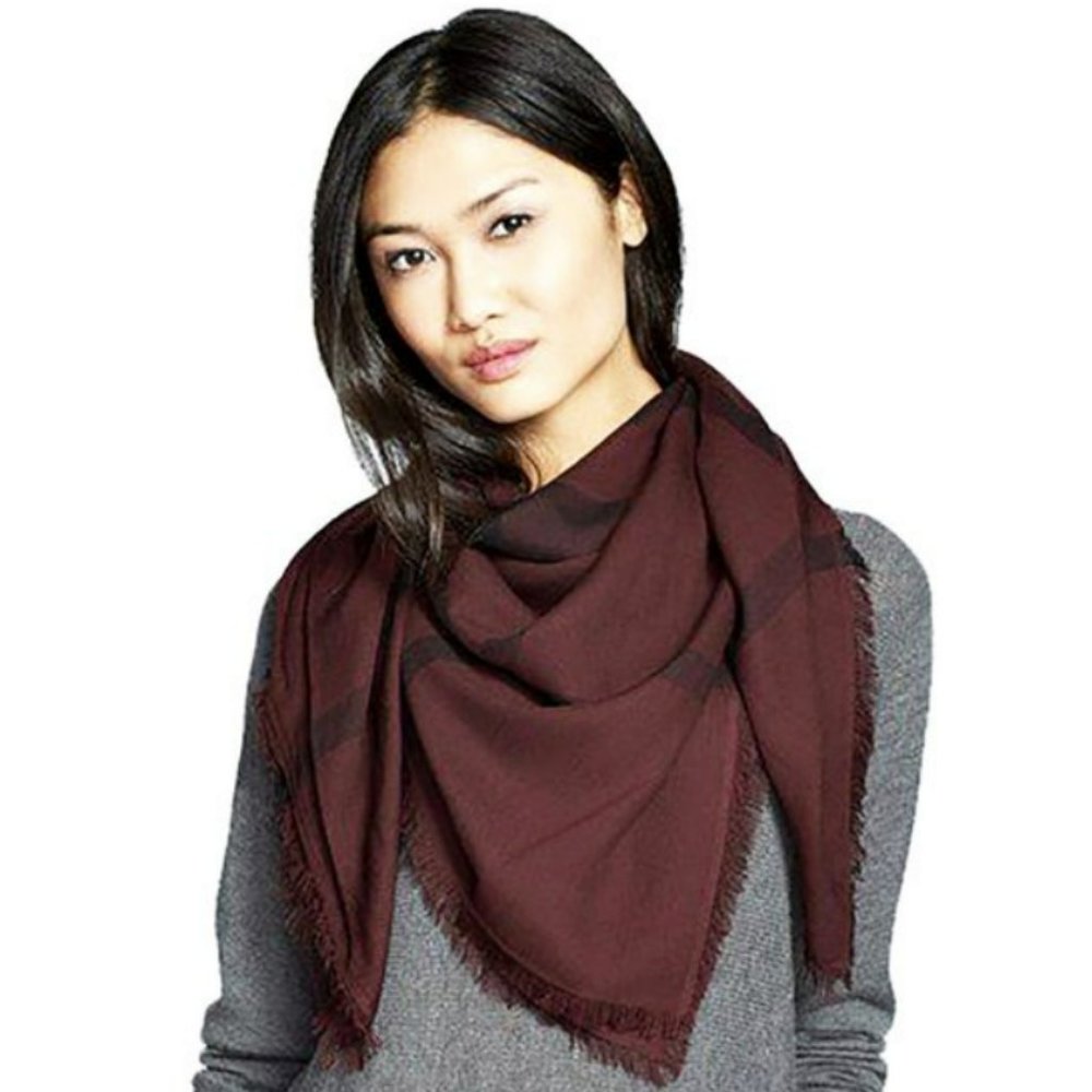 Burberry Overdyed Chambray Check Square Scarf in Deep Claret